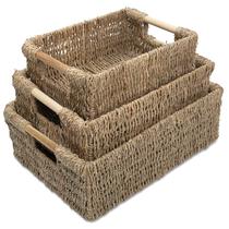 Cestos de armazenamento VATIMA Seagrass com alças de madeira (conjunto de 3)