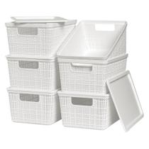 Cestos de armazenamento Werlors Plastic com tampas, pacote com 6 unidades, brancos Cestos de armazenamento Werlors Plastic com tampas, pacote com 6 unidades, brancos