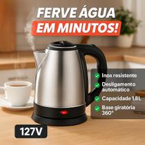Chaleira 110v 1100w Desligamento Automático Jarra Elétrica Bule Inox Café Chás Bebidas 1,8 Litros
