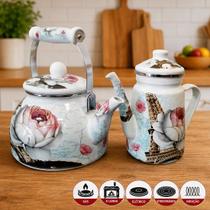 Chaleira 2,5L Bule 1,2L Paris Esmaltada Todos Fogões Kit 2pç