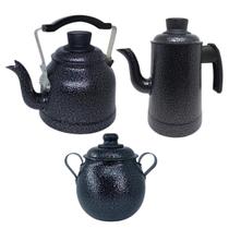 Chaleira Bule Açucareiro Alumínio Preto Craqueado estilo Colonial - Kit 3 unidades