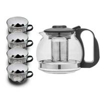 Chaleira Bule Com Infusor 1L e 4 Xícaras Inox Café Chá Mesa Água Moderna Coador Alça