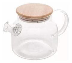Chaleira Bule de Vidro Borossilicato 1L C/ Tampa Bambu e Coador Inox - Resistente ao Calor