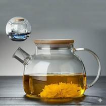 Chaleira de Vidro 1 Litro com Coador Tampa de Bambu Premium Resistente a Calor de ir Fogo Bule infus