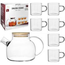 Chaleira de Vidro Com 6 Xicaras + Coador Inox no Bico e Com Tampa de Bambu 1l/120ml - FU XING