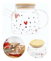 Chaleira De Vidro De Coração C/ Tampa De Bambu