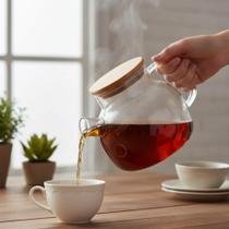 Chaleira de Vidro Tampa Bambu Servir Ferver Água Preparar Chás Infusões Bebidas Quentes Casa Cozinha Decoração 1 Litro