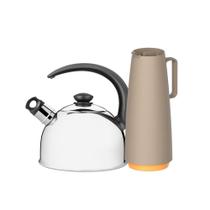 Chaleira em Aço Inox Com Apito 2,1l e Bule Garrafa Térmica 1l Bege Tramontina