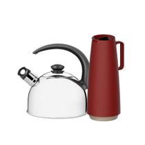 Chaleira em Aço Inox Com Apito 2,1l e Bule Garrafa Térmica 1l Vermelho Tramontina Chaleira em Aço Inox Com Apito 2,1l e Bule Garrafa Térmica 1l Vermelho Tramontina