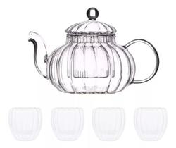 Chaleira Vidro Resistente Ao Calor + Cj 4 Copos Dupla Parede