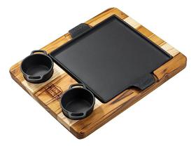 Chapa de Ferro 22cm com 2 Molheiras Suporte Base De Madeira Panela Mineira Petiscos Porções Restaurante e Bares