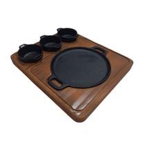 Chapa De Ferro Redonda 20cm C/ Suporte Madeira + 3 Molheiras