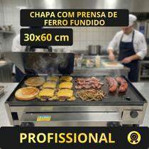 Chapa de Lanche 30x60 a Gás com Prensa Hot Dog Inox Ferro Fundido Profissional JBC Eletro Chapa de Lanche 30x60 a Gás com Prensa Hot Dog Inox Ferro Fundido Profissional JBC Eletro