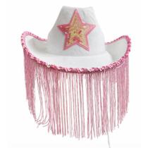 Chapéu Boiadeira Branco e Rosa Cowgirl Com Estrela Rodeio
