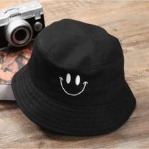 Chapéu Boné Bucket Hat Preto Com Bordado Sorriso Smile