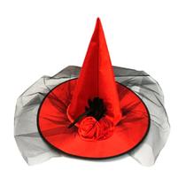 Chapéu Bruxa Cetim c/ Flor e Tule Luxo Vermelho Halloween - KITOK