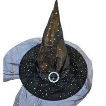 Chapéu Bruxa com véu e Tule Halloween Festa Fantasia Preto