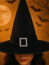 Chapéu Bruxinha Veludo Fantasia Divertida Festas Halloween Encaixe Perfeito Fivela Strass Premium