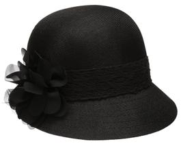 Chapéu Cloche EPOCH Gatsby em linho com faixa de renda e flor - preto