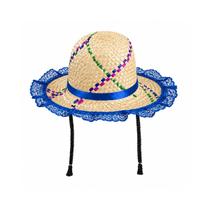 Chapéu Com Trança De Palha Mocinha Festa Junina Azul