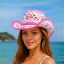 Chapéu Country Feminino Branco com Rosa Degradê Estilo Vaqueira Premium