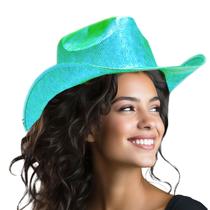 Chapéu Cowboy Holográfico Neon + Delineador Face Jewels Strass 5 Pares - Cowgirl Boiadeira LGBT Festa Fantasia Carnaval