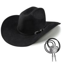 Chapéu Cowboy Western Clássico Foeran em Camurça Preta com Gravata Bolo