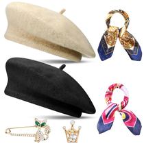 Chapéu de boina de lã, gorro francês SATINIOR com lenço de seda para mulheres