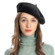Chapéu de boina ZLYC de lã francês para mulheres e meninas, preto