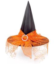 Chapéu De Bruxa Halloween Infantil Luxo C/véu De Renda Tule