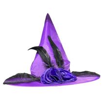 Chapéu De Bruxa Luxo Roxo E Preto Decorado Com Rosa E Pena Cor:Roxo Chapéu De Bruxa Luxo Roxo E Preto Decorado Com Rosa E Pena Cor:Roxo