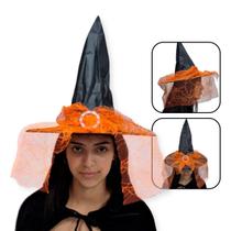 Chapéu de Bruxa Preto com Fecho e Renda Laranja