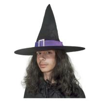 Chapéu de Bruxa Preto Veludo com Faixa e Fecho Halloween