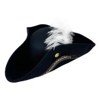 Chapéu de capitão pirata preto tricornio com penas para adultos