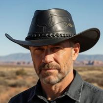 Chapeu de Couro Legítimo Preto Unissex Estilo Americano Cowboy Kapell