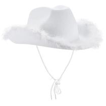 Chapéu de cowboy branco de feltro macio com acabamento em penas para adultos Chapéu de cowboy branco de feltro macio com acabamento em penas para adultos