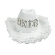 Chapéu de cowboy Bride, jeans branco com acabamento em penas 38x30x13cm Chapéu de cowboy Bride, jeans branco com acabamento em penas 38x30x13cm