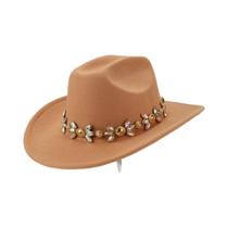 Chapéu De Cowboy Casual Feminino Decorado Com Corrente Dourada Respirável De Cor Única Estilo