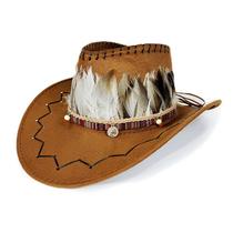 Chapéu de cowboy de camurça sintética marrom com penas e faixa trançada Chapéu de cowboy de camurça sintética marrom com penas e faixa trançada