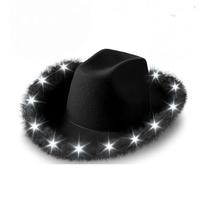 Chapéu de cowboy preto com luzes LED e acabamento em penas para adultos Chapéu de cowboy preto com luzes LED e acabamento em penas para adultos