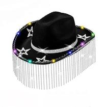 Chapéu de cowboy preto com luzes LED, estrelas de strass e borlas Chapéu de cowboy preto com luzes LED, estrelas de strass e borlas