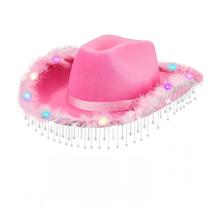 Chapéu de cowboy rosa com luzes e acabamento em penas para adultos Chapéu de cowboy rosa com luzes e acabamento em penas para adultos