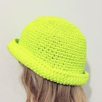 Chapéu de Crochê em Algodão Verde Neon Feito à Mão, Estilo Bucket Hat