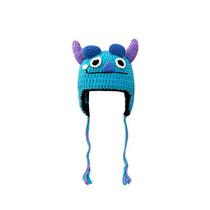 Chapéu de crochê feito à mão Blue Monster Horns Braids tamanho adulto