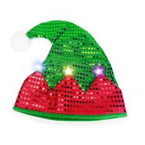 Chapéu de elfo de Natal com luzes vermelhas/verdes listradas de lantejoulas Chapéu de elfo de Natal com luzes vermelhas/verdes listradas de lantejoulas