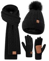 Chapéu de inverno, cachecol, conjunto de luvas FISFET para mulheres, preto
