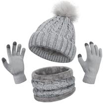 Chapéu de inverno, cachecol, conjunto de luvas Ysense para mulheres, cinza claro