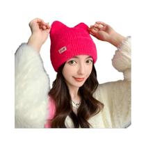Chapéu de Inverno Feminino com Orelhas de Gato - Gorro de Malha Pelúcia Sintética - Estilo Kpop
