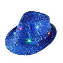 Chapéu de jazz com lantejoulas azuis com iluminação LED para adultos