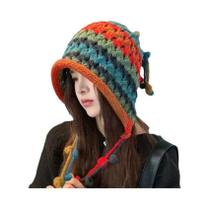 Chapéu De Lã Feminino Para O Inverno, À Prova De Vento, Listrado, Arco-Íris, Tricotado Com Franjas